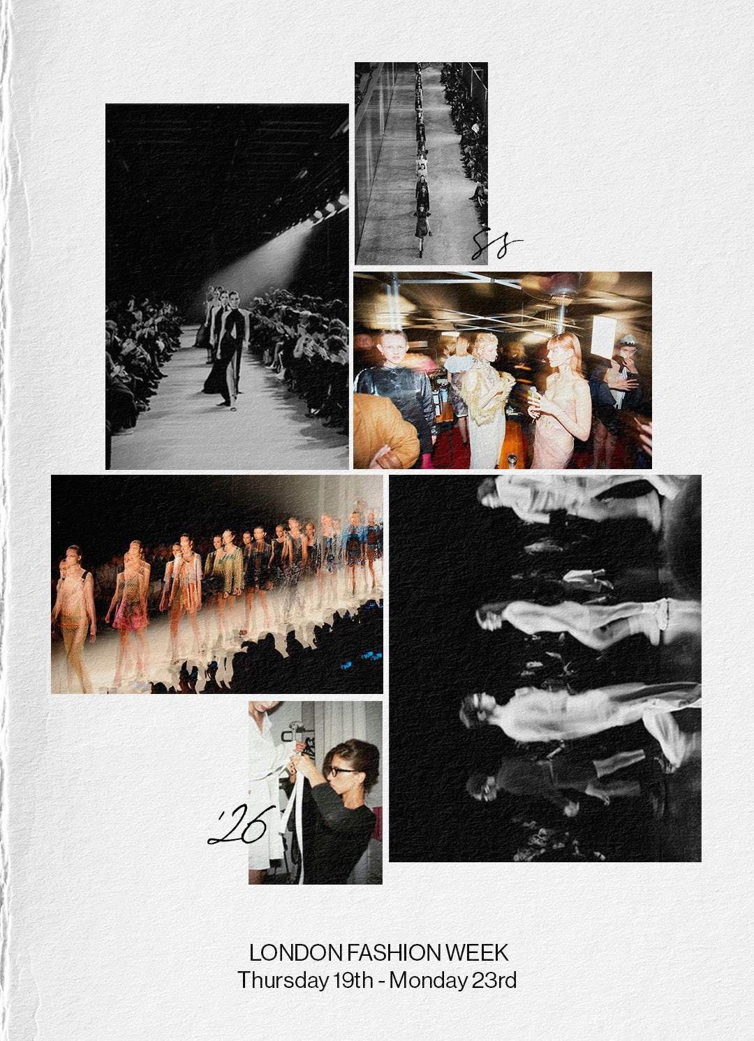London Fashion Week 2026 runway shows, backstage moments and model lineup collage during fashion weeks in London featuring Autumn Winter 2026 designer collections