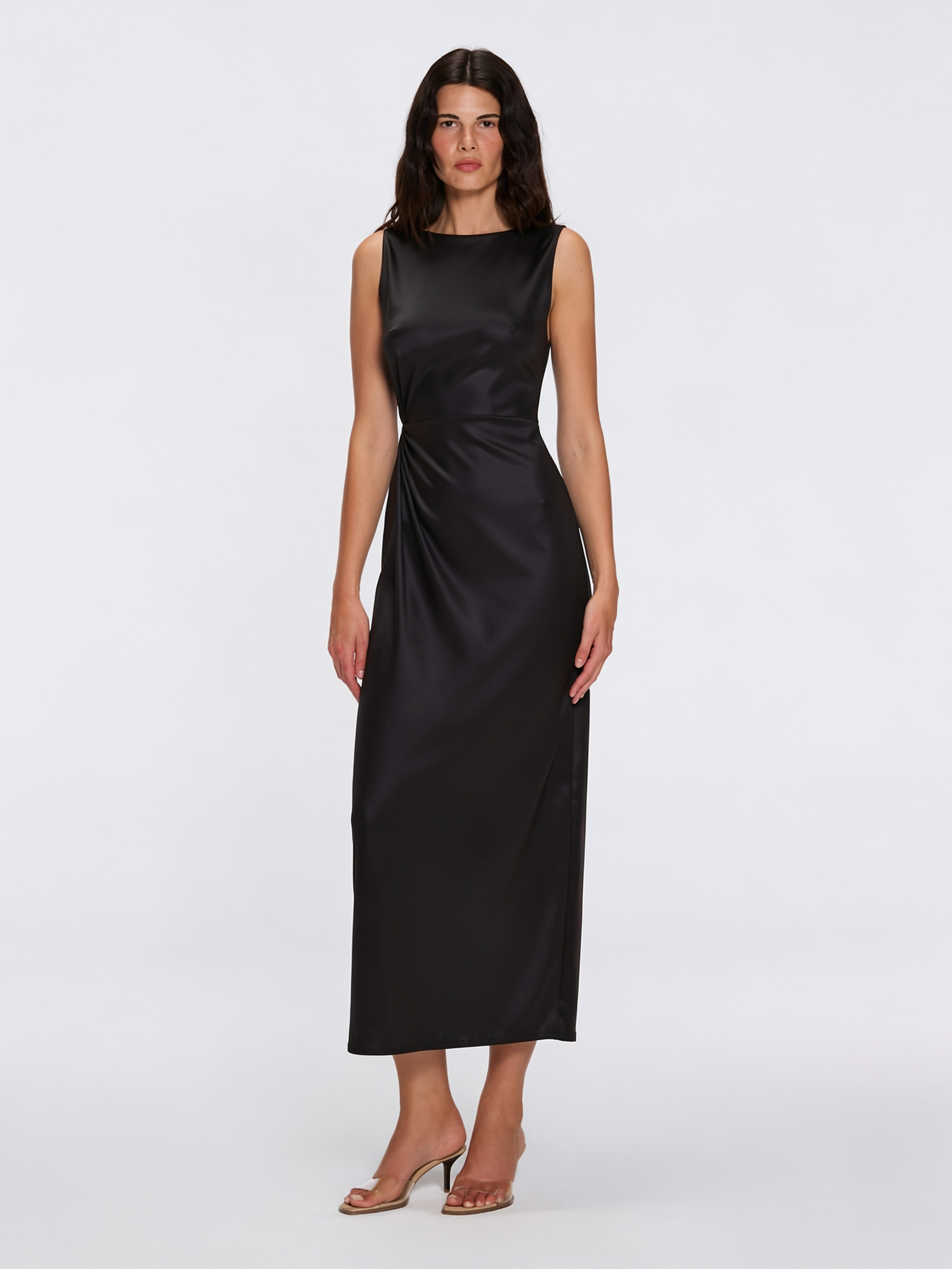 Apollo Black Satin Sleeveless Maxi Dress with Side Slit | Moeva | Dress | Each week unveils new pieces—luxury swimwear, fluid resort silhouettes, and elevated summer-to-evening essentials designed to carry you from coastal escapes to city nights.