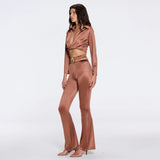 Gwyneth High-Waist with Gold Detail Satin Flare Brown Pants | Moeva | Pants | Each week unveils new pieces—luxury swimwear, fluid resort silhouettes, and elevated summer-to-evening essentials designed to carry you from coastal escapes to city nights.
