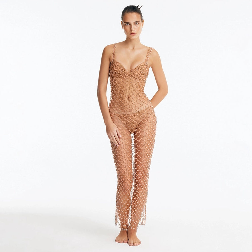Aliana Bronze Macrame Net Maxi Dress with Glass Bead Details | Moeva | Dress | Each week unveils new pieces—luxury swimwear, fluid resort silhouettes, and elevated summer-to-evening essentials designed to carry you from coastal escapes to city nights.
