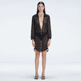 Althea Black Long Sleeve Lace Mini Kaftan | Moeva | Kaftan | Each week unveils new pieces—luxury swimwear, fluid resort silhouettes, and elevated summer-to-evening essentials designed to carry you from coastal escapes to city nights.