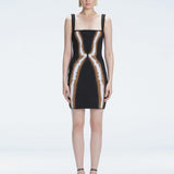 Model showcasing the Anais Black Degraded Dress, highlighting its stylish square neck and adjustable straps.