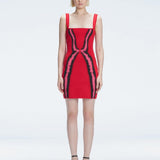 Model showcasing the Anais Red Degraded Dress, highlighting its stylish square neck and adjustable straps