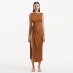 Apollo Brown Satin Sleeveless Long Dress with Side Slit | Moeva | Dress | Each week unveils new pieces—luxury swimwear, fluid resort silhouettes, and elevated summer-to-evening essentials designed to carry you from coastal escapes to city nights.
