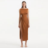 Apollo Brown Satin Sleeveless Long Dress with Side Slit | Moeva | Dress | Each week unveils new pieces—luxury swimwear, fluid resort silhouettes, and elevated summer-to-evening essentials designed to carry you from coastal escapes to city nights.