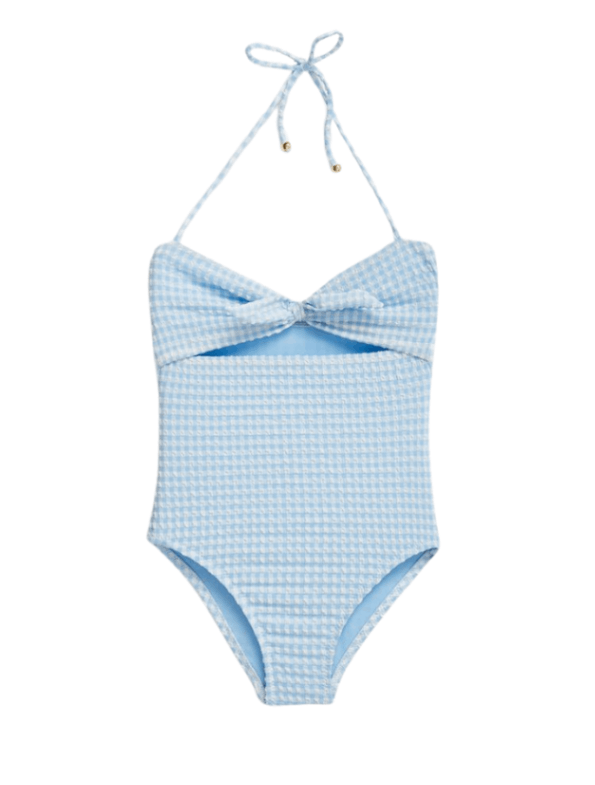 Blossom Gingham Baby Blue Kids Swimsuit | Moeva | Swimsuit | Each week unveils new pieces—luxury swimwear, fluid resort silhouettes, and elevated summer-to-evening essentials designed to carry you from coastal escapes to city nights.