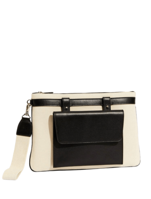 Azzura Ecru Linen & Black Leather Contrast Flap Clutch | Moeva | Bag | Each week unveils new pieces—luxury swimwear, fluid resort silhouettes, and elevated summer-to-evening essentials designed to carry you from coastal escapes to city nights.