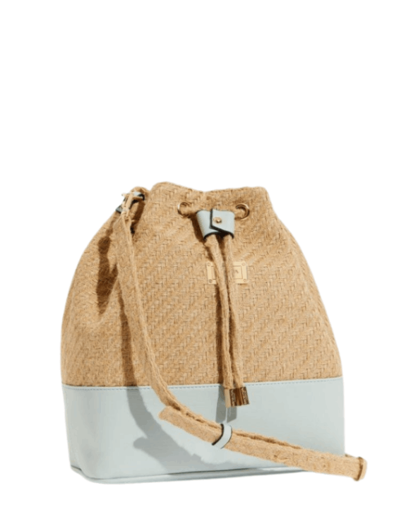 Fiorella Beige Natural Woven Straw Bucket Bag with Leather Blue Base | Moeva | Bag | Each week unveils new pieces—luxury swimwear, fluid resort silhouettes, and elevated summer-to-evening essentials designed to carry you from coastal escapes to city nights.