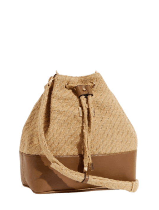 Fiorella Beige Natural Woven Straw Bucket Bag with Leather Brown Base | Moeva | Bag | Each week unveils new pieces—luxury swimwear, fluid resort silhouettes, and elevated summer-to-evening essentials designed to carry you from coastal escapes to city nights.