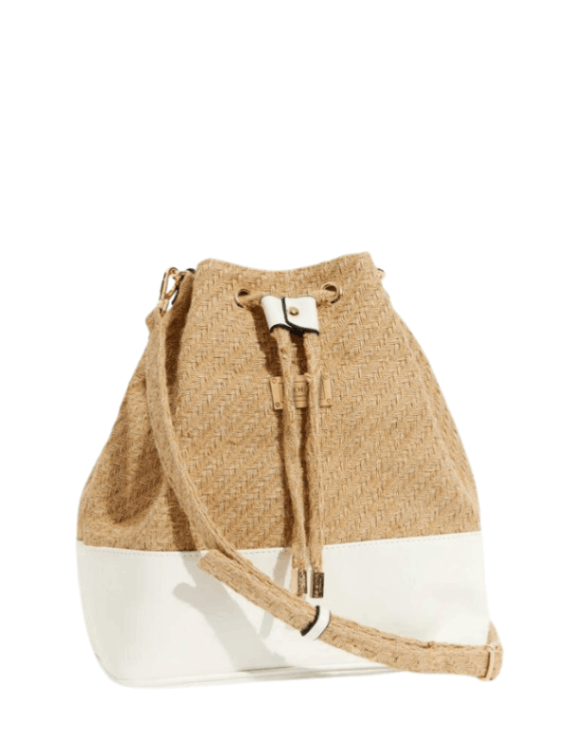 Fiorella Beige Natural Woven Straw Bucket Bag with Leather White Base | Moeva | Bag | Each week unveils new pieces—luxury swimwear, fluid resort silhouettes, and elevated summer-to-evening essentials designed to carry you from coastal escapes to city nights.