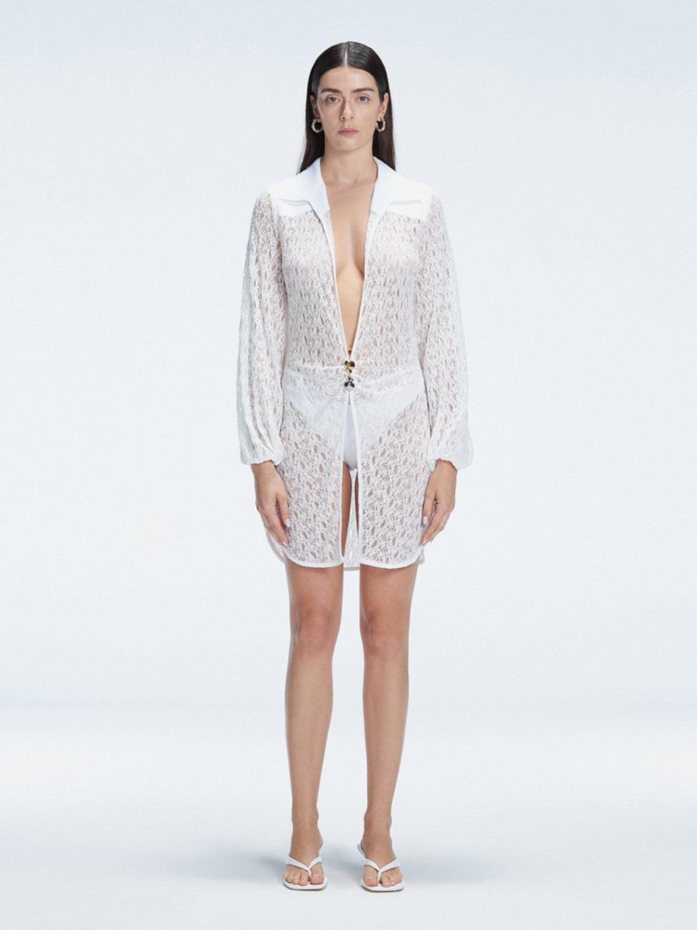 Carina Zavline - Zarya White Triangle Textured Mid Coverage Bikini Set - Althea White ;Long Sleeve Lace Mini Kaftan | Moeva | | Each week unveils new pieces—luxury swimwear, fluid resort silhouettes, and elevated summer-to-evening essentials designed to carry you from coastal escapes to city nights.