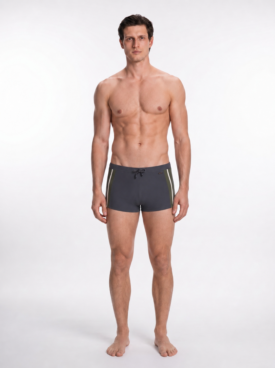 Antonio Grey / Green / White Swim Trunks with Drawcord | Moeva | Trunks | Each week unveils new pieces—luxury swimwear, fluid resort silhouettes, and elevated summer-to-evening essentials designed to carry you from coastal escapes to city nights.
