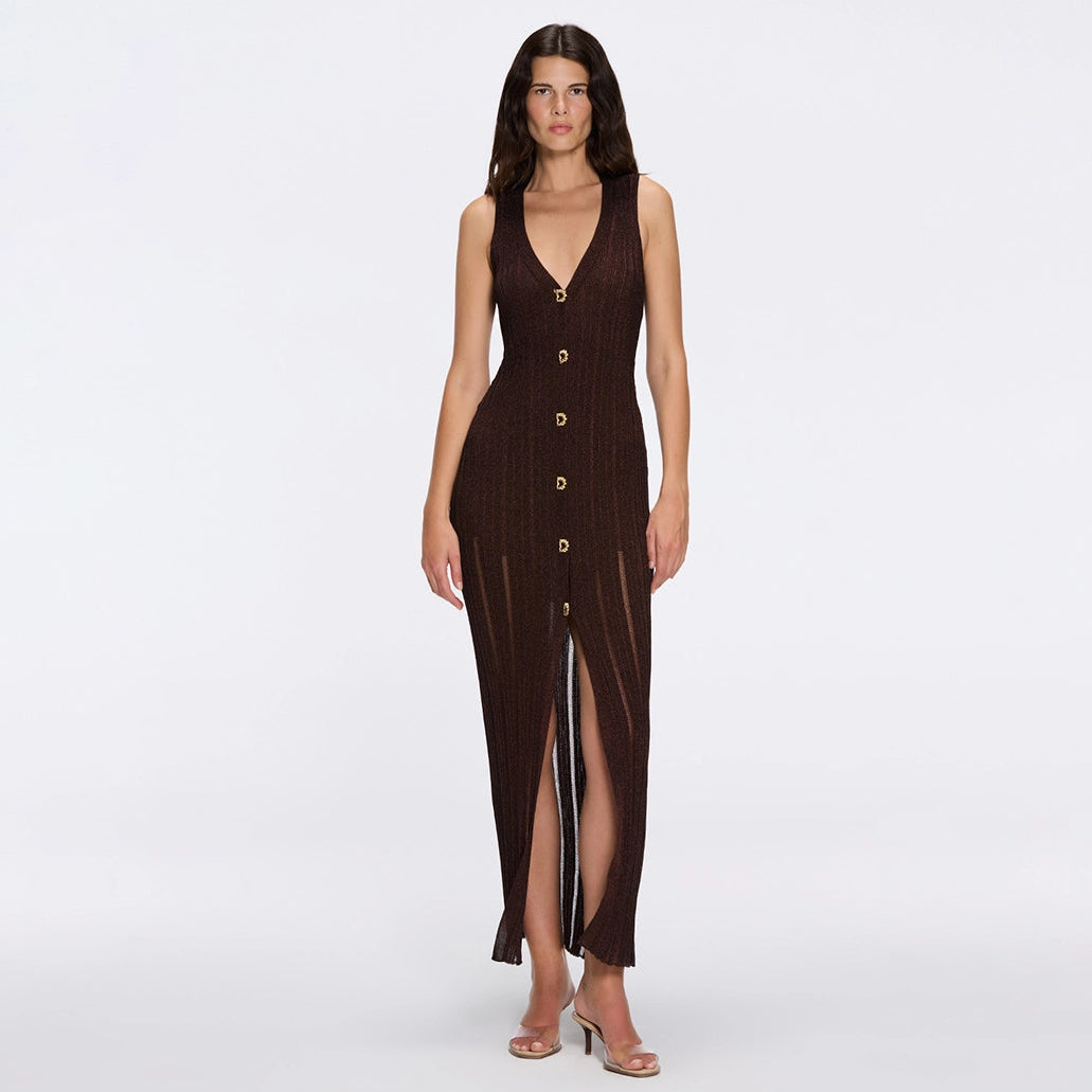 Biot Brown Metallic Knit V-Neck Gold Button-Down Dress | Moeva | Dress | Each week unveils new pieces—luxury swimwear, fluid resort silhouettes, and elevated summer-to-evening essentials designed to carry you from coastal escapes to city nights.
