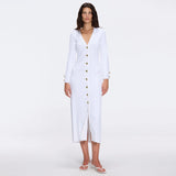 Brezia White Knitted Maxi Dress with Long Sleeves and Gold Button Details | Moeva | Dress | Each week unveils new pieces—luxury swimwear, fluid resort silhouettes, and elevated summer-to-evening essentials designed to carry you from coastal escapes to city nights.