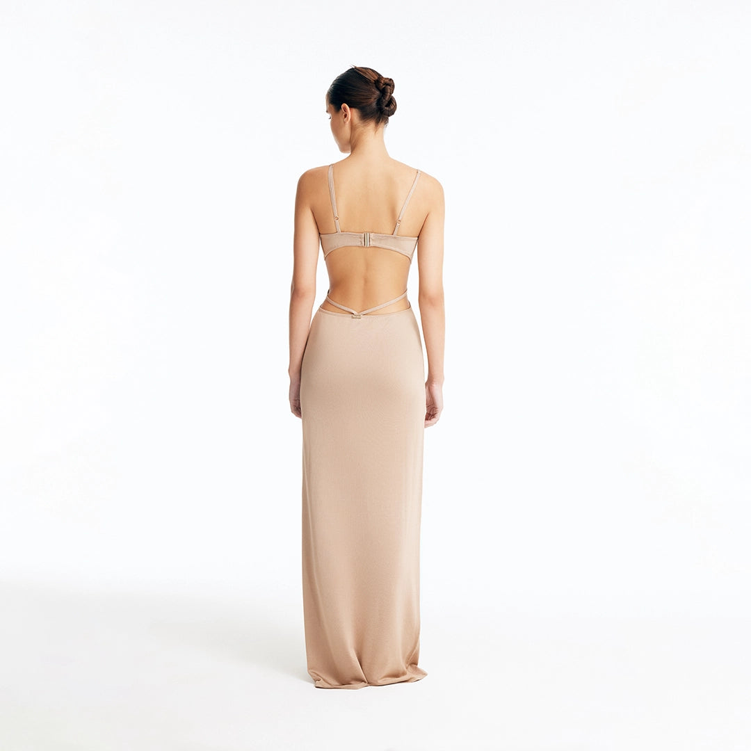 Calla Bronze Knitted U-Wire Maxi Dress with Cut-Outs | Moeva | Dress | Each week unveils new pieces—luxury swimwear, fluid resort silhouettes, and elevated summer-to-evening essentials designed to carry you from coastal escapes to city nights.