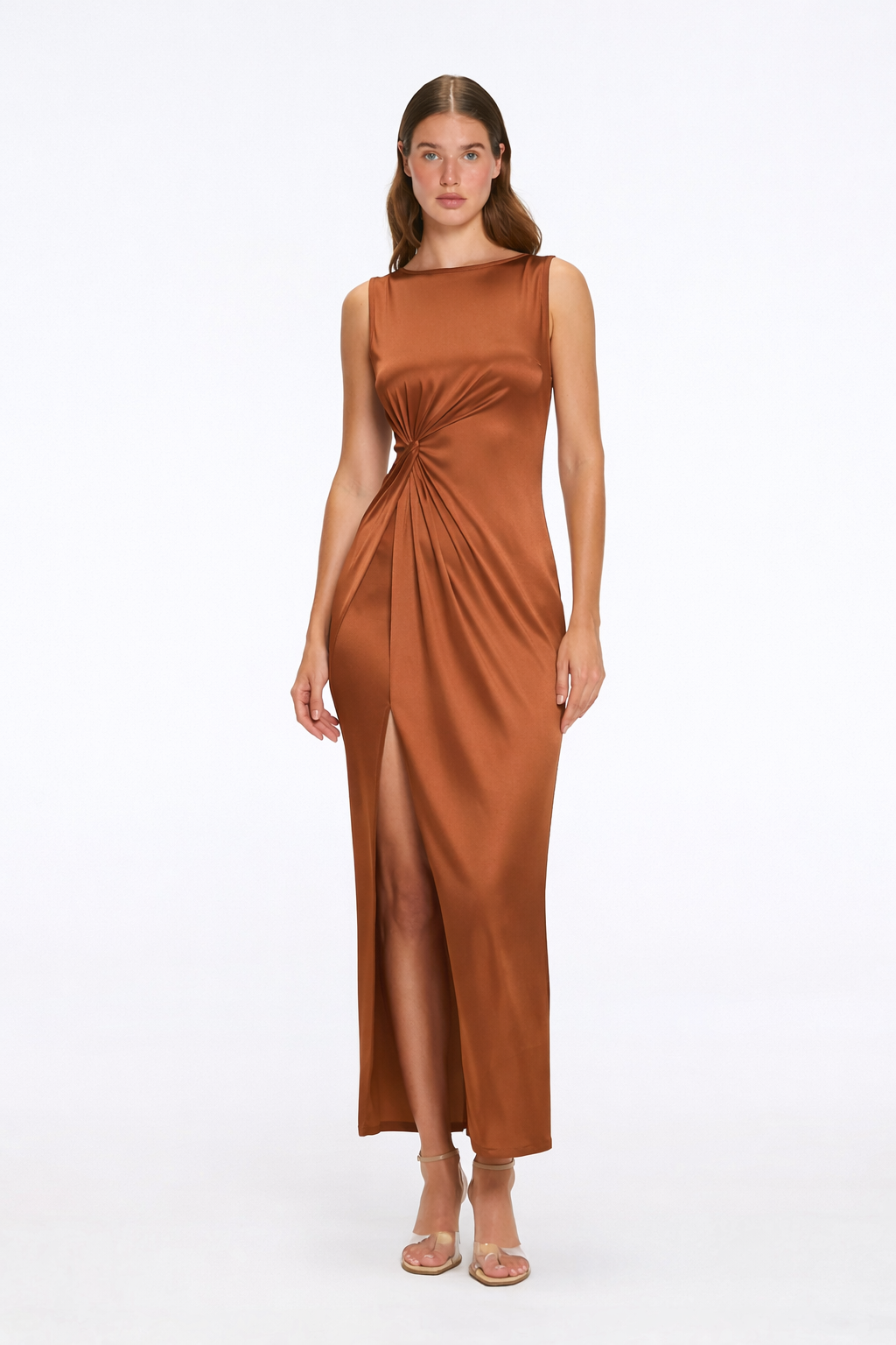 Apollo Brown Satin Sleeveless Maxi Dress with Side Slit
