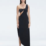 Front view of model wearing Coraline Black Dress with chic one-shoulder design and trendy buckle detail.