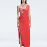 Front view of model wearing Coraline Red Dress with chic one-shoulder design and trendy buckle detail.
