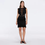 Diani Black Fringe Detail Sheer Panel Open Back Mini Dress | Moeva | RTW Dresses | Each week unveils new pieces—luxury swimwear, fluid resort silhouettes, and elevated summer-to-evening essentials designed to carry you from coastal escapes to city nights.