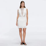 Diani White Fringe Detail Sheer Panel Open Back Mini Dress | Moeva | Dress | Each week unveils new pieces—luxury swimwear, fluid resort silhouettes, and elevated summer-to-evening essentials designed to carry you from coastal escapes to city nights.
