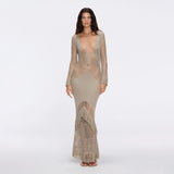 Elba Khaki Long Sleeve Knit Fringe Maxi Dress