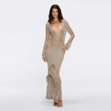Elba Khaki Long Sleeve Knit Fringe Maxi Dress