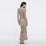 Elba Khaki Long Sleeve Knit Fringe Maxi Dress