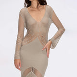 Elba Khaki Long Sleeve Knit Fringe Maxi Dress