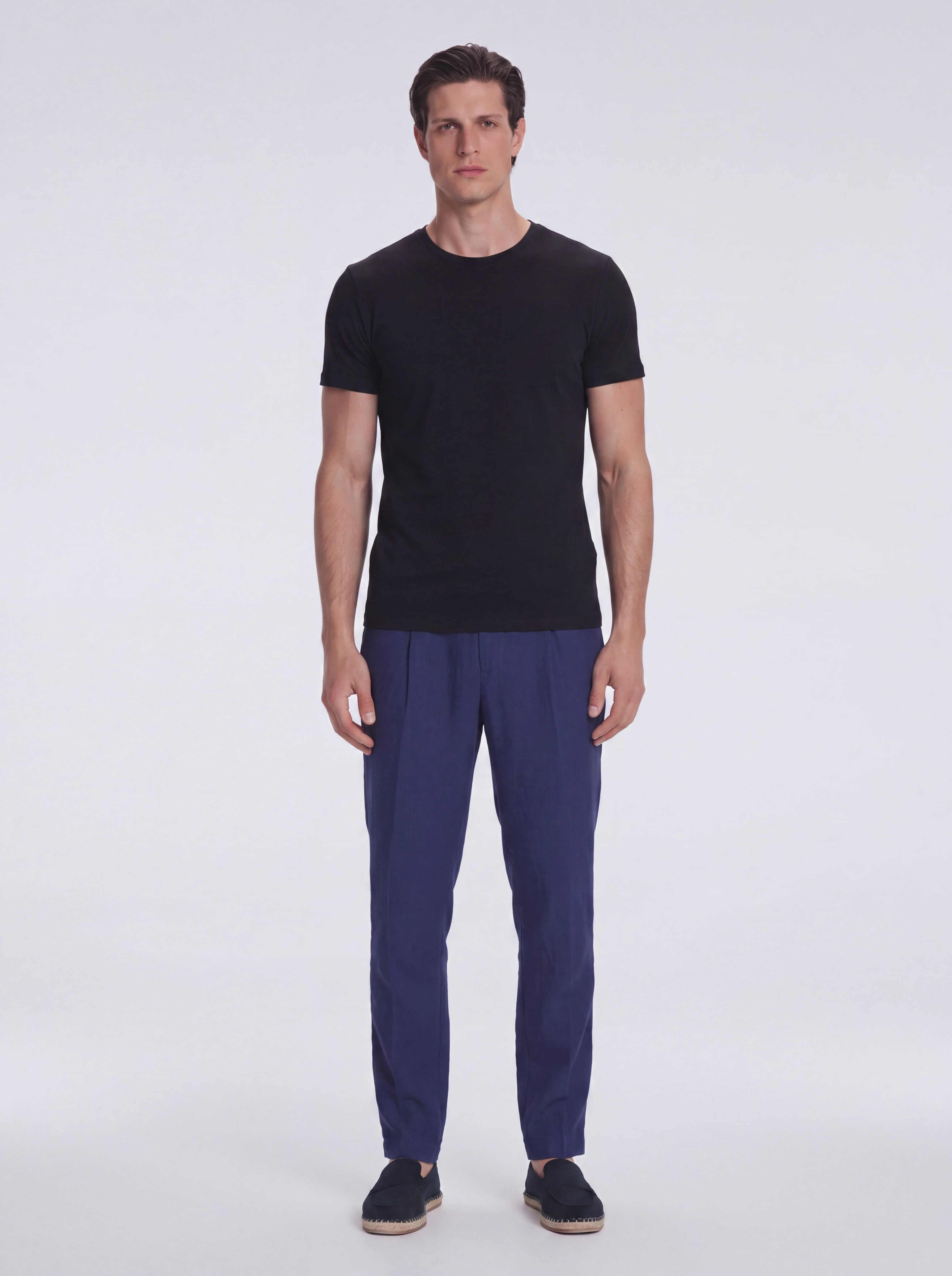 Enzo Dark Blue Linen Straight-Leg Pants | Moeva | Pants | Each week unveils new pieces—luxury swimwear, fluid resort silhouettes, and elevated summer-to-evening essentials designed to carry you from coastal escapes to city nights.