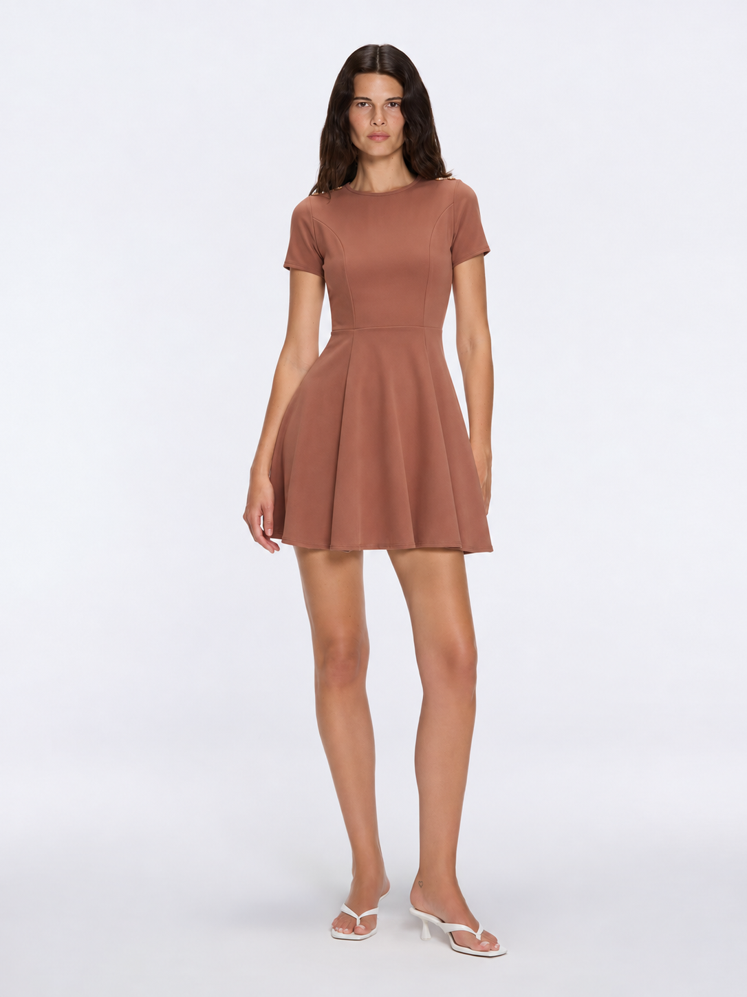 Derin Brown Short-Sleeve Mini Dress by Moeva | Dress from MOEVA's luxury swimwear and resortwear collection, perfect for beach days, resort escapes and summer styling.