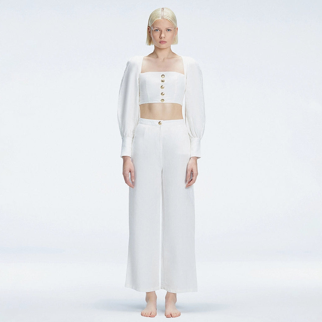 Gemma White Linen Square Neck - Long Sleeve Crop Top | Moeva | Crop Top | Each week unveils new pieces—luxury swimwear, fluid resort silhouettes, and elevated summer-to-evening essentials designed to carry you from coastal escapes to city nights.