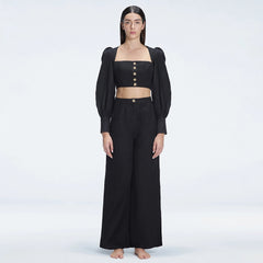 Gemma Black Linen Square Neck - Long Sleeve Crop Top | Moeva | Crop Top | Each week unveils new pieces—luxury swimwear, fluid resort silhouettes, and elevated summer-to-evening essentials designed to carry you from coastal escapes to city nights.
