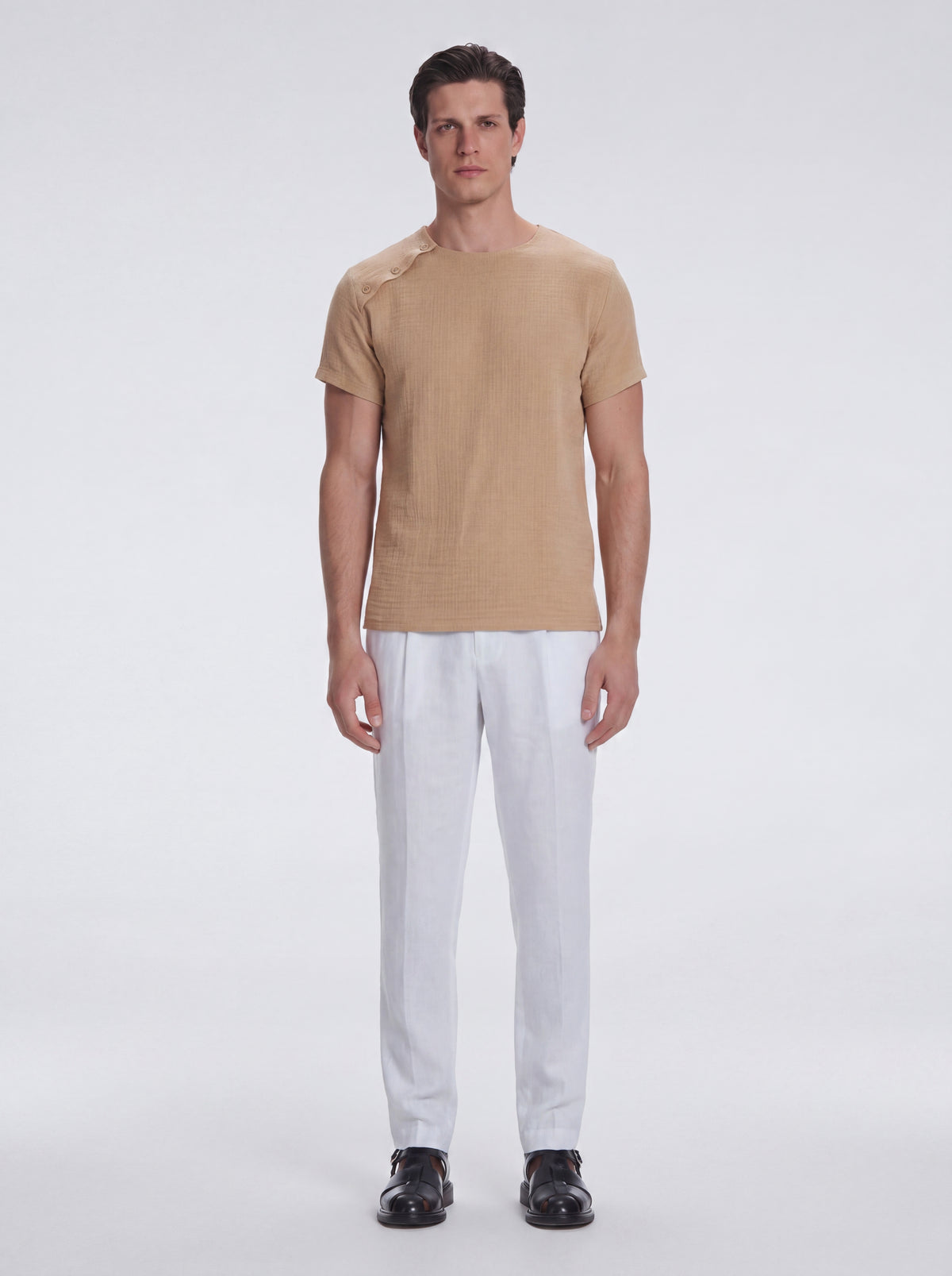 George Nude Cotton T-Shirt with Button Detail | Moeva | T-Shirt | Each week unveils new pieces—luxury swimwear, fluid resort silhouettes, and elevated summer-to-evening essentials designed to carry you from coastal escapes to city nights.