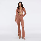 Gwyneth High-Waist with Gold Detail Satin Flare Brown Pants