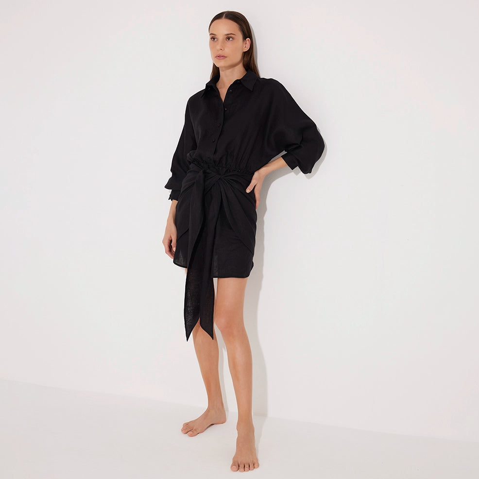 Guadalupe Black Linen Shirt Dress with Tie-Front Detail | Moeva | Dress | Each week unveils new pieces—luxury swimwear, fluid resort silhouettes, and elevated summer-to-evening essentials designed to carry you from coastal escapes to city nights.