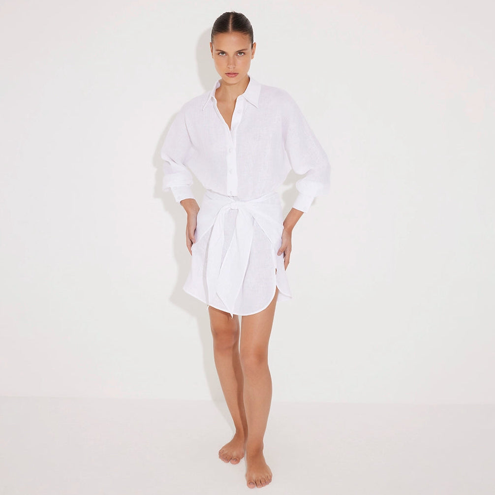 Guadalupe White Linen Shirt Dress with Tie-Front Detail | Moeva | Dress | Each week unveils new pieces—luxury swimwear, fluid resort silhouettes, and elevated summer-to-evening essentials designed to carry you from coastal escapes to city nights.