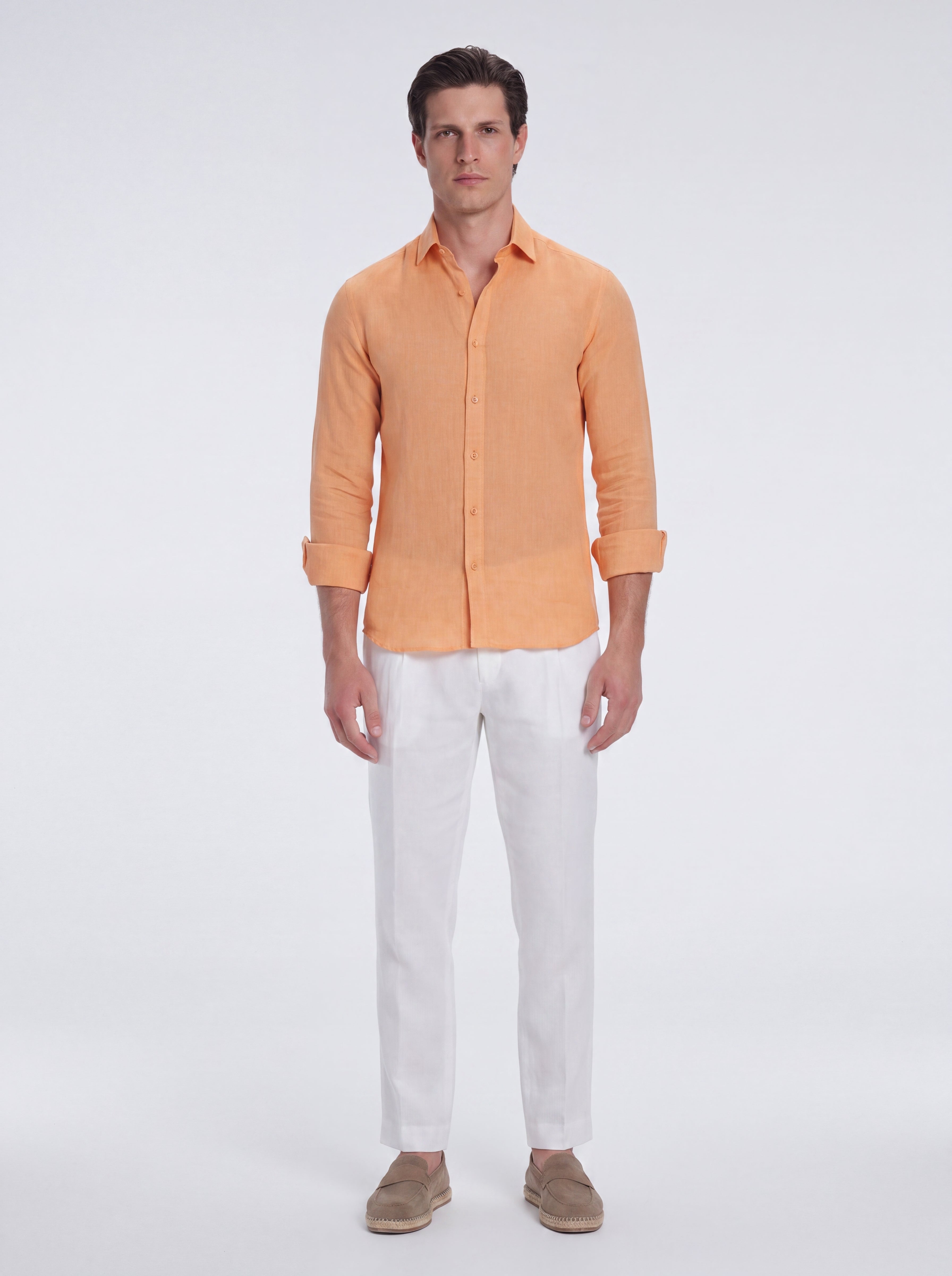 Harry Orange Linen Shirt with Spread Collar | Moeva | Shirt | Each week unveils new pieces—luxury swimwear, fluid resort silhouettes, and elevated summer-to-evening essentials designed to carry you from coastal escapes to city nights.