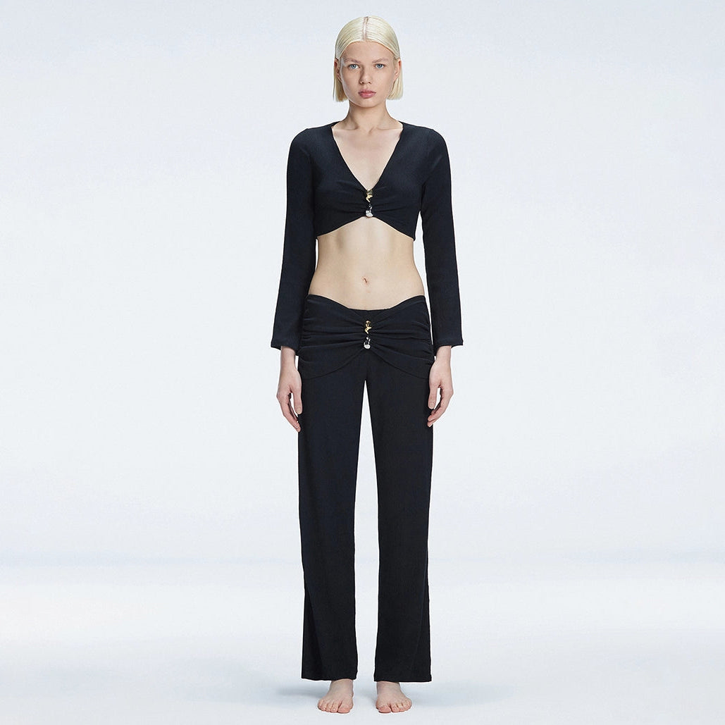 Sirenia Long Sleeve Crop Top and Helena Straight Leg Accessorised Pants Black Set | Moeva | Set | Each week unveils new pieces—luxury swimwear, fluid resort silhouettes, and elevated summer-to-evening essentials designed to carry you from coastal escapes to city nights.