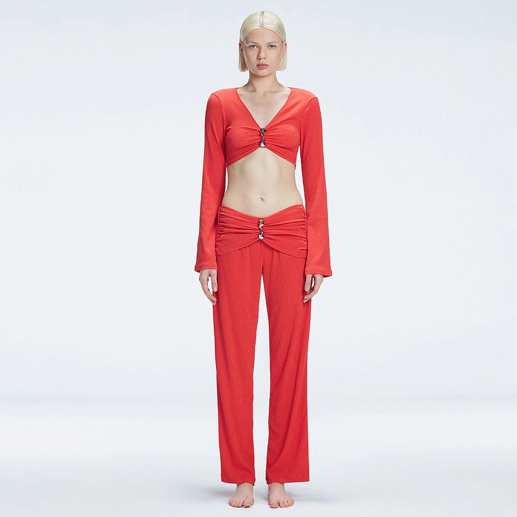 Sirenia Long Sleeve Crop Top and Helena Straight Leg Accessorised Pants Red Set | Moeva | Set | Each week unveils new pieces—luxury swimwear, fluid resort silhouettes, and elevated summer-to-evening essentials designed to carry you from coastal escapes to city nights.