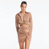 Greta Bronze Long Sleeve Tie Front Shirt and Indigo Asymmetric Ring-Drape Mini Skirt