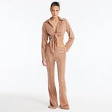 Greta Bronze Long Sleeve Tie Front Shirt and Izara Mid-Rise Flared Pants