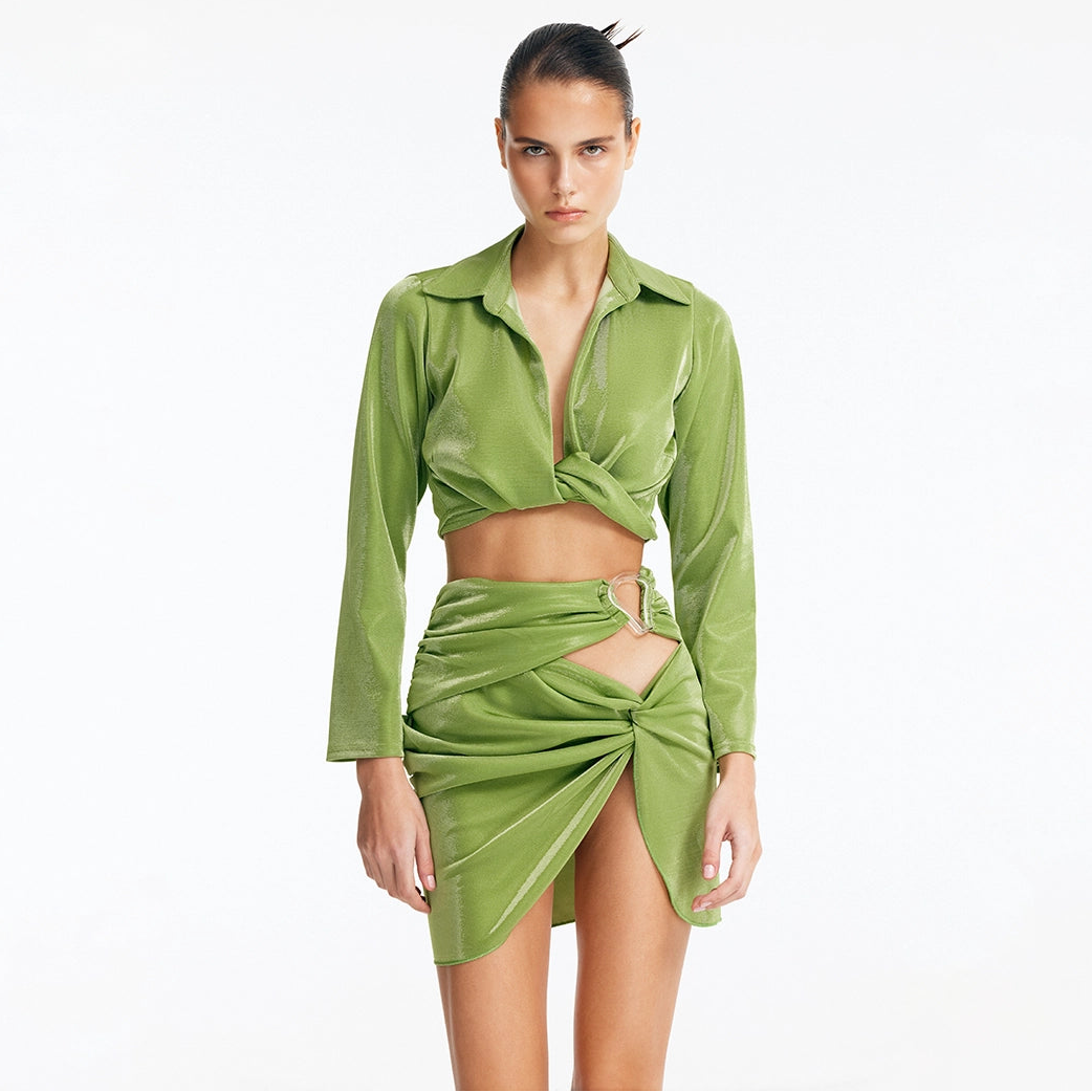 Indigo Green Asymmetric Ring-Drape Mini Skirt | Moeva | Skirt | Each week unveils new pieces—luxury swimwear, fluid resort silhouettes, and elevated summer-to-evening essentials designed to carry you from coastal escapes to city nights.