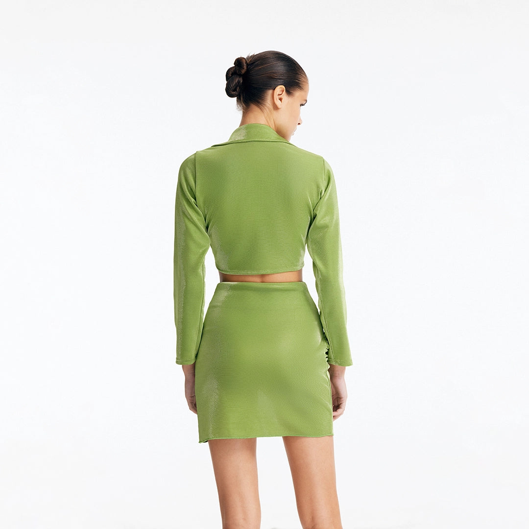 Greta Green Long Sleeve Tie Front Shirt and Indigo Asymmetric Ring-Drape Mini Skirt | Moeva | Set | Each week unveils new pieces—luxury swimwear, fluid resort silhouettes, and elevated summer-to-evening essentials designed to carry you from coastal escapes to city nights.