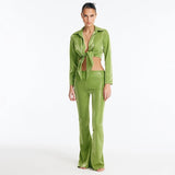Greta Green Long Sleeve Tie Front Shirt and Izara Mid-Rise Flared Pants