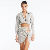 Greta Silver Long Sleeve Tie Front Shirt and Indigo Asymmetric Ring-Drape Mini Skirt