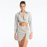 Greta Silver Long Sleeve Tie Front Shirt