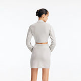 Greta Silver Long Sleeve Tie Front Shirt and Indigo Asymmetric Ring-Drape Mini Skirt