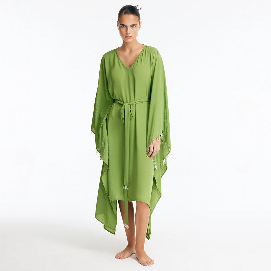 Bethany Green V Neck Belted Silk Kaftan | Moeva | Kaftan | Each week unveils new pieces—luxury swimwear, fluid resort silhouettes, and elevated summer-to-evening essentials designed to carry you from coastal escapes to city nights.