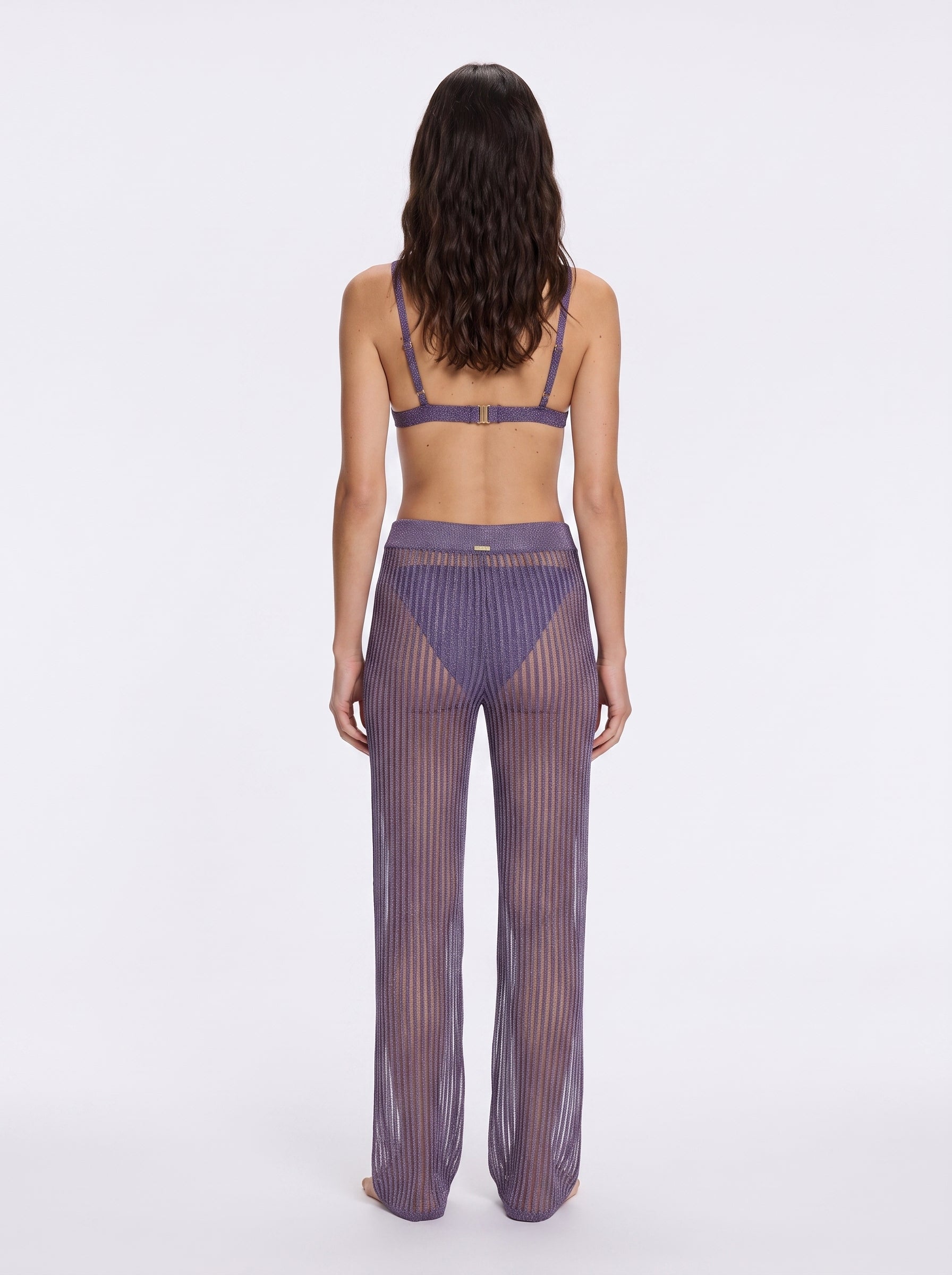 Luz Lilac Metallic Sheer Knit Pants | Moeva | Pants | Each week unveils new pieces—luxury swimwear, fluid resort silhouettes, and elevated summer-to-evening essentials designed to carry you from coastal escapes to city nights.