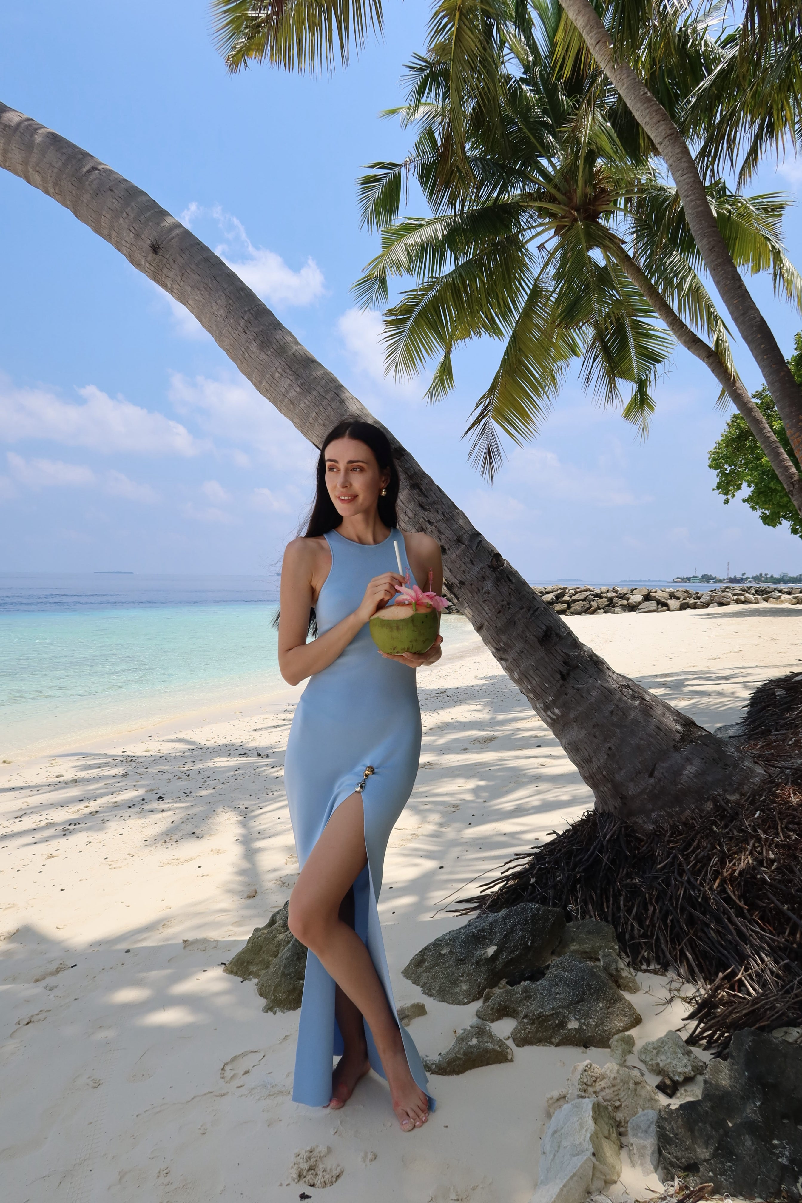 Elvira Jain - Louisa Halter Neck Blue Maxi Dress with Slit Detail | Moeva | Dress | Each week unveils new pieces—luxury swimwear, fluid resort silhouettes, and elevated summer-to-evening essentials designed to carry you from coastal escapes to city nights.
